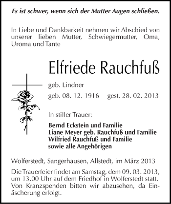 Traueranzeige von Elfriede Rauchfuß von Mitteldeutsche Zeitung Sangerhausen