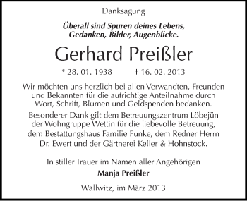Traueranzeige von Gerhard Preißler von Mitteldeutsche Zeitung Halle/Saalkreis