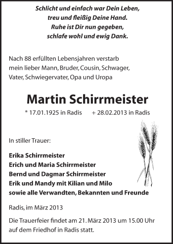 Traueranzeige von Martin Schirrmeister von Mitteldeutsche Zeitung Wittenberg