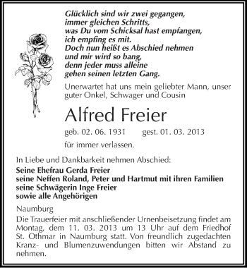 Traueranzeige von Alfred Freier von Mitteldeutsche Zeitung Naumburg/Nebra