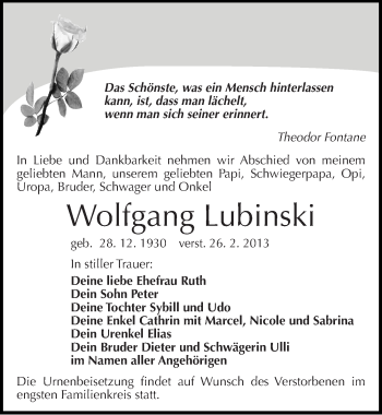 Traueranzeige von Wolfgang Lubinski von Mitteldeutsche Zeitung Bitterfeld