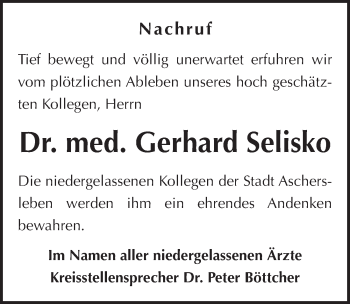 Traueranzeige von Gerhard Selisko von Mitteldeutsche Zeitung Aschersleben
