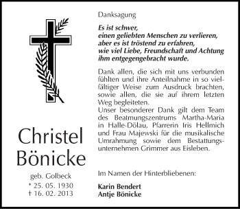 Traueranzeige von Christel Bönicke von Mitteldeutsche Zeitung Mansfelder Land