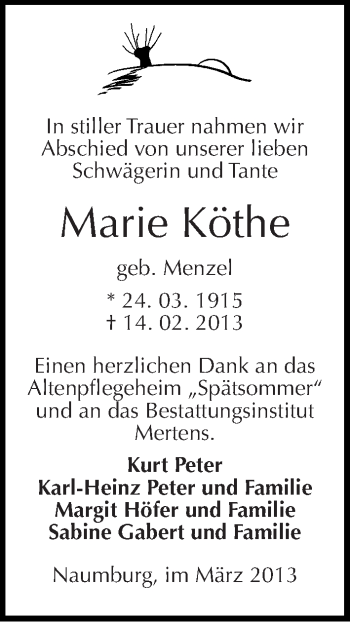 Traueranzeige von Marie Köthe von Mitteldeutsche Zeitung Naumburg/Nebra
