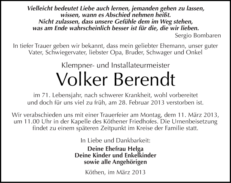  Traueranzeige für Volker Berendt vom 06.03.2013 aus Mitteldeutsche Zeitung Köthen