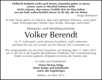 Traueranzeige von Volker Berendt von Mitteldeutsche Zeitung Köthen