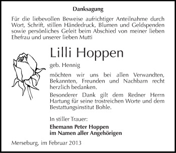 Traueranzeige von Lilli Hoppen von Mitteldeutsche Zeitung Merseburg/Querfurt
