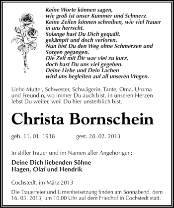 Traueranzeige von Christa Bornschein von Mitteldeutsche Zeitung Aschersleben