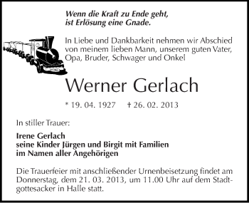 Traueranzeige von Werner Gerlach von Mitteldeutsche Zeitung Halle/Saalkreis