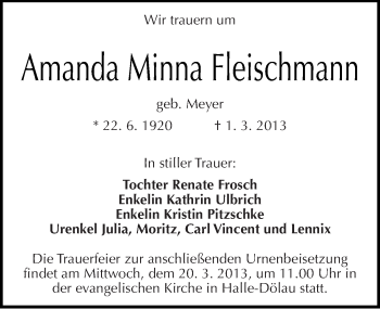Traueranzeige von Amanda Minna Fleischmann von Mitteldeutsche Zeitung Halle/Saalkreis