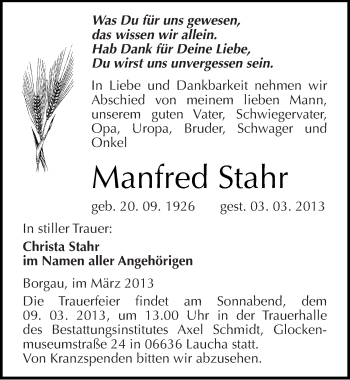 Traueranzeige von Manfred Stahr von Mitteldeutsche Zeitung Naumburg/Nebra