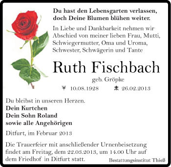 Traueranzeige von Ruth Fischbach von Mitteldeutsche Zeitung Quedlinburg