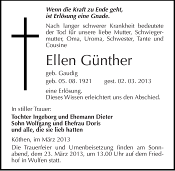 Traueranzeige von Ellen Günther von Mitteldeutsche Zeitung Köthen