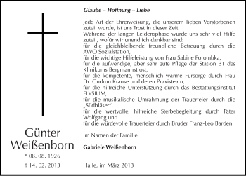 Traueranzeige von Günter Weißenborn von Mitteldeutsche Zeitung Halle/Saalkreis