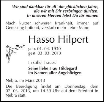 Traueranzeige von Hasso Hilpert von Mitteldeutsche Zeitung Naumburg/Nebra