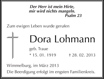 Traueranzeige von Dora Lohmann von Mitteldeutsche Zeitung Mansfelder Land