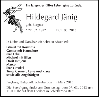 Traueranzeige von Hildegard Jänig von Mitteldeutsche Zeitung Naumburg/Nebra
