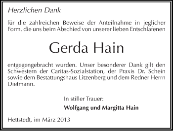 Traueranzeige von Gerda Hain von Mitteldeutsche Zeitung Mansfelder Land