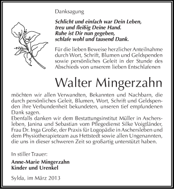 Traueranzeige von Walter Mingerzahn von Mitteldeutsche Zeitung Aschersleben