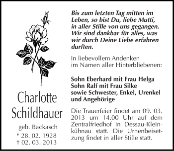 Traueranzeige von Charlotte Schildhauer von Mitteldeutsche Zeitung Bitterfeld
