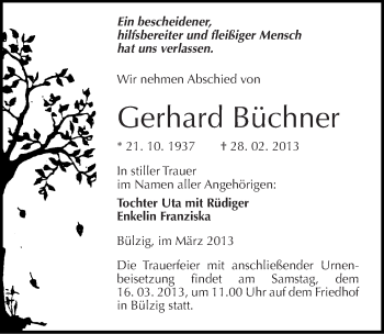 Traueranzeige von Gerhard Büchner von Mitteldeutsche Zeitung Wittenberg