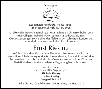 Traueranzeige von Ernst Riesing von Mitteldeutsche Zeitung Halle/Saalkreis