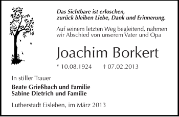 Traueranzeige von Joachim Borkert von Mitteldeutsche Zeitung Mansfelder Land