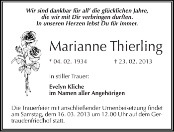 Traueranzeige von Marianne Thierling von Mitteldeutsche Zeitung Halle/Saalkreis