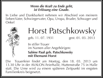 Traueranzeige von Horst Patschkowsky von Mitteldeutsche Zeitung Halle/Saalkreis