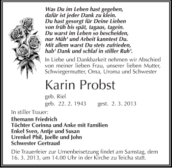 Traueranzeige von Karin Probst von Mitteldeutsche Zeitung Halle/Saalkreis