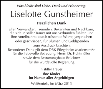 Traueranzeige von Liselotte Gunstheimer von Mitteldeutsche Zeitung Weißenfels