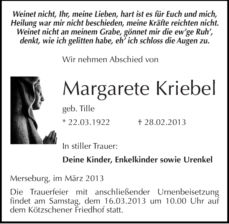  Traueranzeige für Margarete Kriebel vom 09.03.2013 aus Mitteldeutsche Zeitung Merseburg/Querfurt