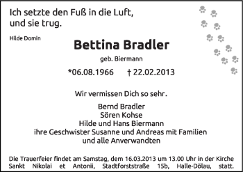 Traueranzeige von Bettina Bradler von Mitteldeutsche Zeitung Halle/Saalkreis