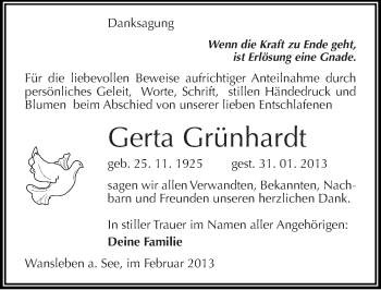 Traueranzeige von Gerta Grünhardt von Mitteldeutsche Zeitung Mansfelder Land