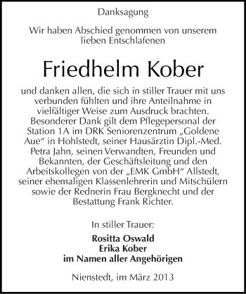 Traueranzeige von Friedhelm Kober von Mitteldeutsche Zeitung Sangerhausen