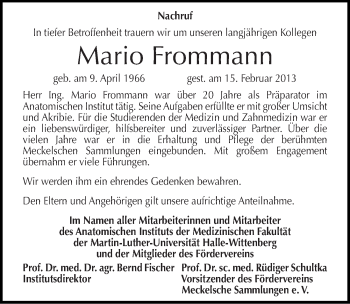 Traueranzeige von Mario Frommann von Mitteldeutsche Zeitung Halle/Saalkreis