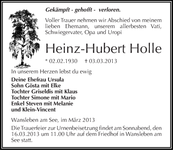 Traueranzeige von Heinz-Hubert Holle von Mitteldeutsche Zeitung Mansfelder Land