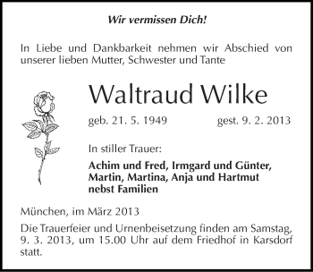 Traueranzeige von Waltraud Wilke von Mitteldeutsche Zeitung Naumburg/Nebra