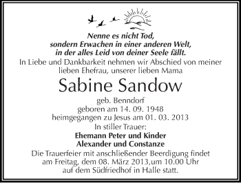 Traueranzeige von Sabine Sandow von Mitteldeutsche Zeitung Halle/Saalkreis