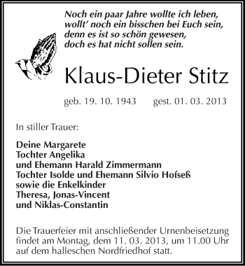 Traueranzeige von Klaus-Dieter Stitz von Mitteldeutsche Zeitung Halle/Saalkreis