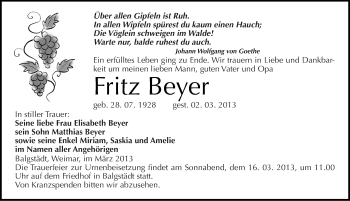 Traueranzeige von Fritz Beyer von Mitteldeutsche Zeitung Naumburg/Nebra