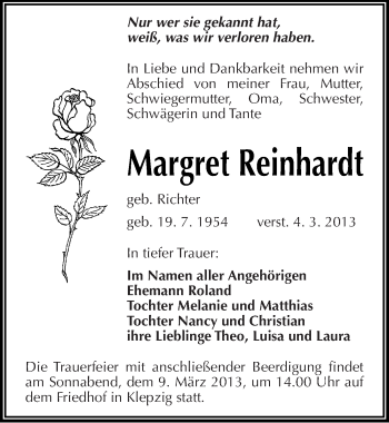 Traueranzeige von Margret Reinhardt von Mitteldeutsche Zeitung Halle/Saalkreis