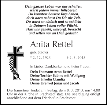 Traueranzeige von Anita Rettel von Mitteldeutsche Zeitung Halle/Saalkreis