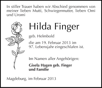 Traueranzeige von Hilda Finger von Mitteldeutsche Zeitung Wittenberg