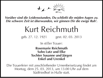 Traueranzeige von Kurt Reichmuth von Mitteldeutsche Zeitung Halle/Saalkreis