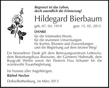 Traueranzeige von Hildegard Bierbaum von Mitteldeutsche Zeitung Halle/Saalkreis