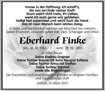 Traueranzeige von Eberhard Finke von Mitteldeutsche Zeitung Köthen