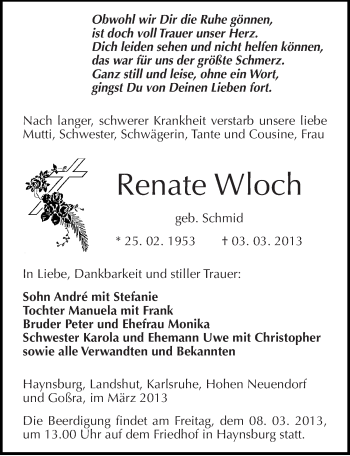 Traueranzeige von Renate Wloch von Mitteldeutsche Zeitung Zeitz