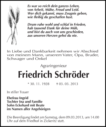 Traueranzeige von Friedrich Schröder von Mitteldeutsche Zeitung Bernburg