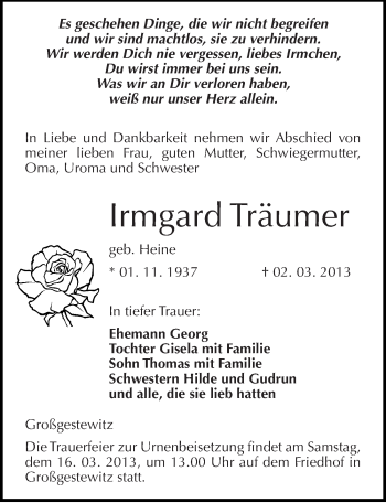 Traueranzeige von Irmgard Träumer von Mitteldeutsche Zeitung Naumburg/Nebra